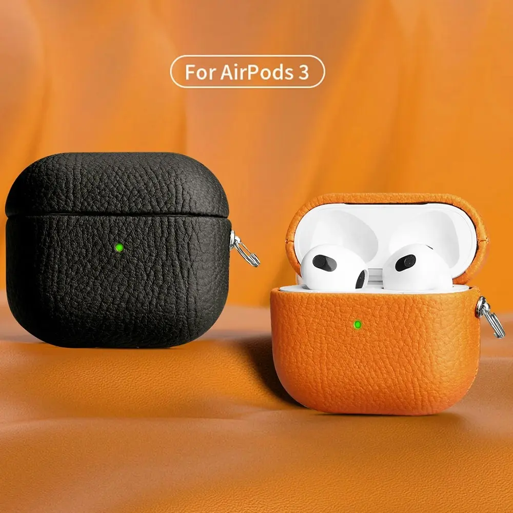 2 Pack Lychee Pattern Cowhide Earphone Case With Buckle For Apple AirPods3 - Electronics