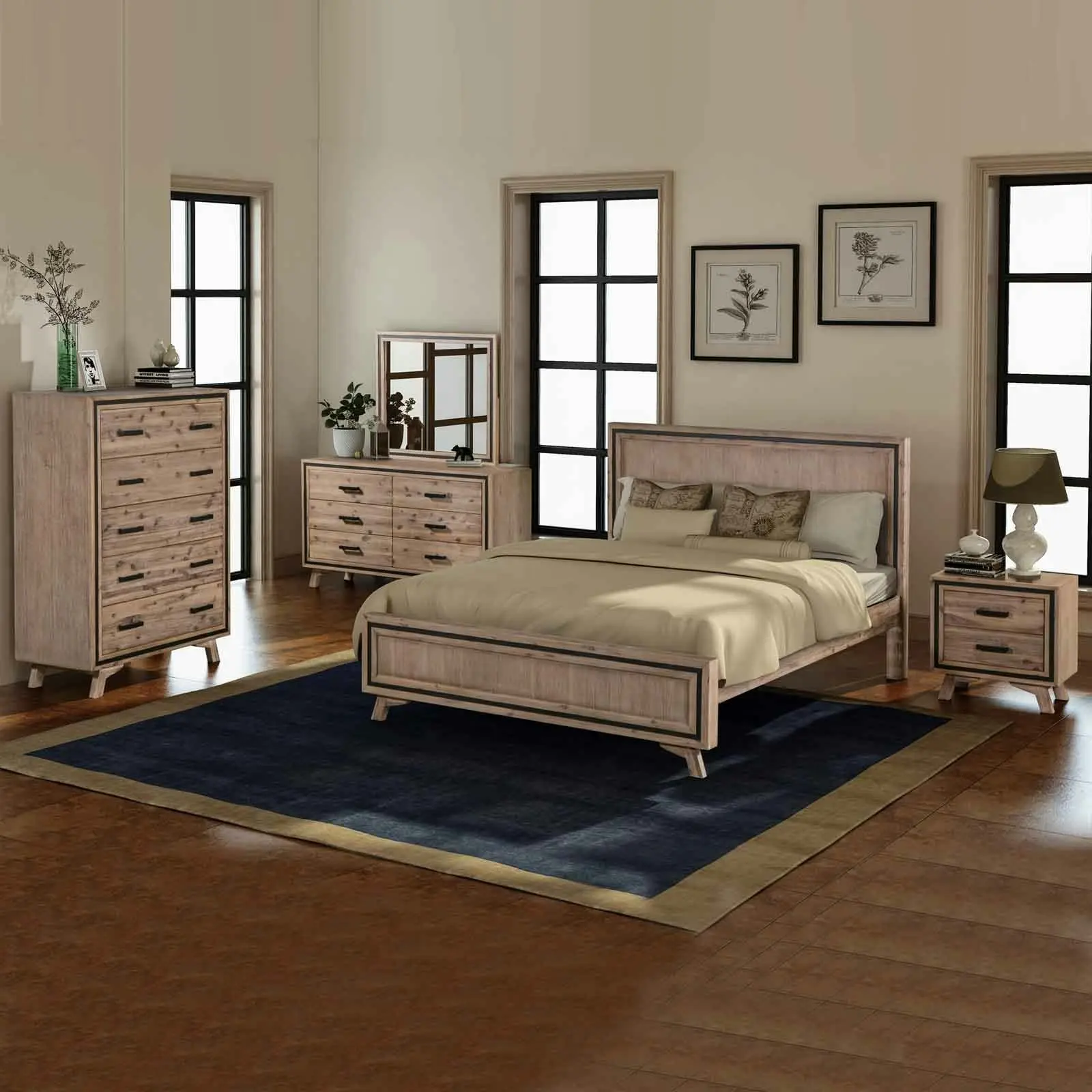 5 Pieces Bedroom Suite Queen Size Silver Brush in Acacia Wood Construction Bed, Bedside Table, Tallboy & Dresser - Furniture