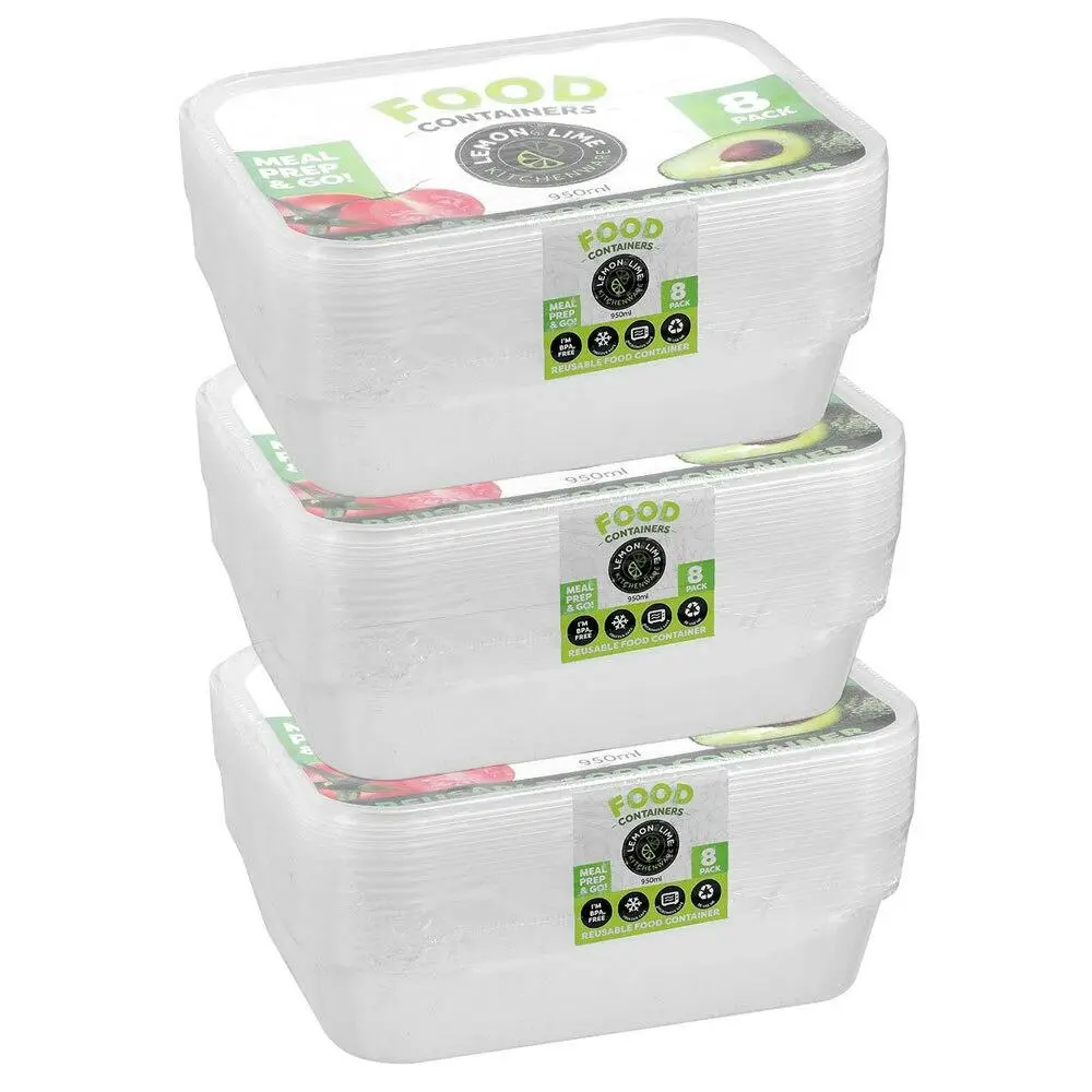 3x 8PK Lemon & Lime Reusable 950ml Rectangle Food Container/Storage w/ Lid Clear - Home & Garden