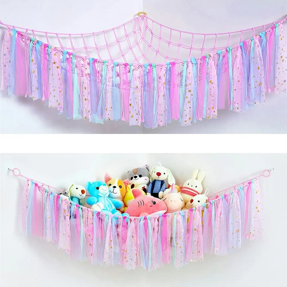 Ribbon Stuffed Animal Hammock Wall Corner Hanging Storage Organizer Net Hammock - Home & Garden