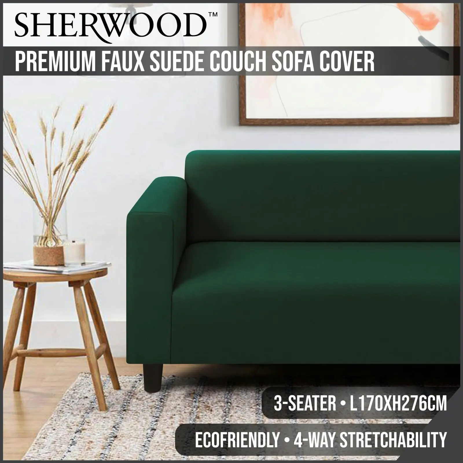 Sherwood Home Premium Faux Suede Eden Green 3 Seater Couch Sofa Cover - Home & Garden