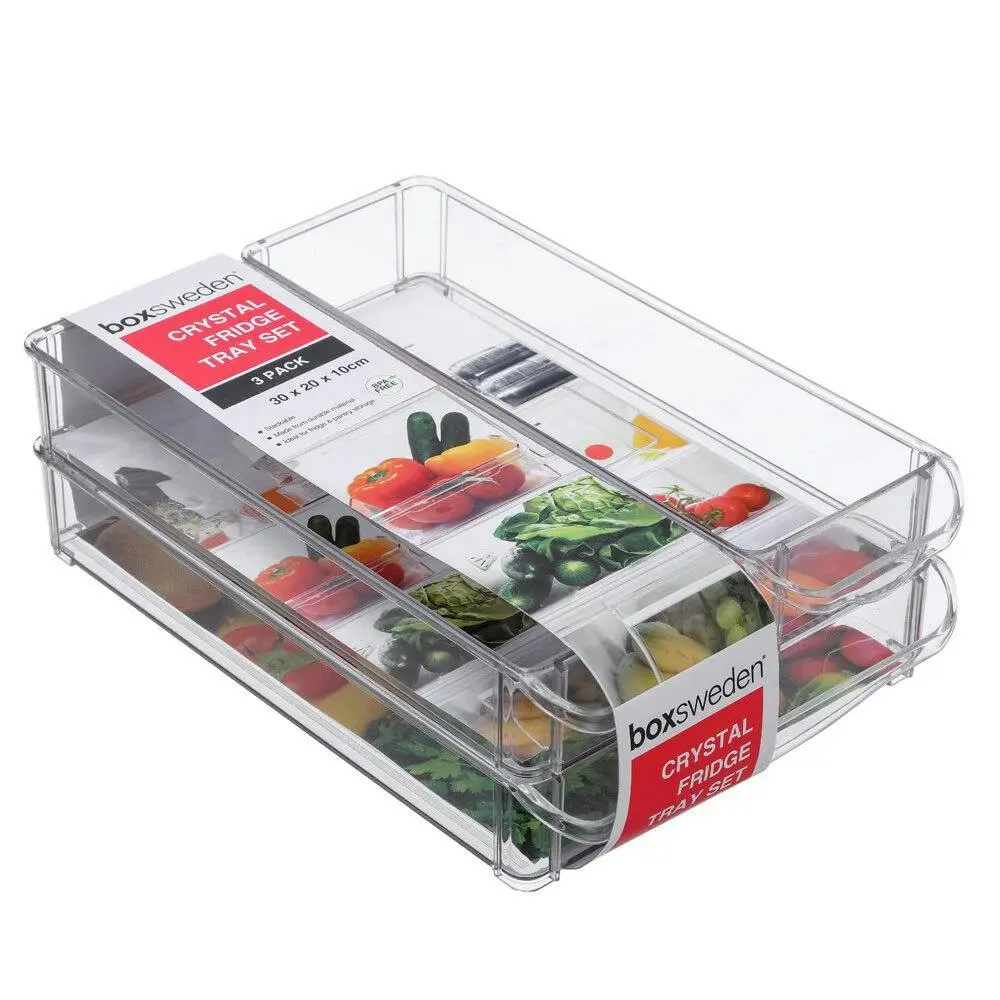 3PK Boxsweden 30x20cm Crystal Fridge/Pantry Kitchen Food BPA Free Tray Clear - Home & Garden