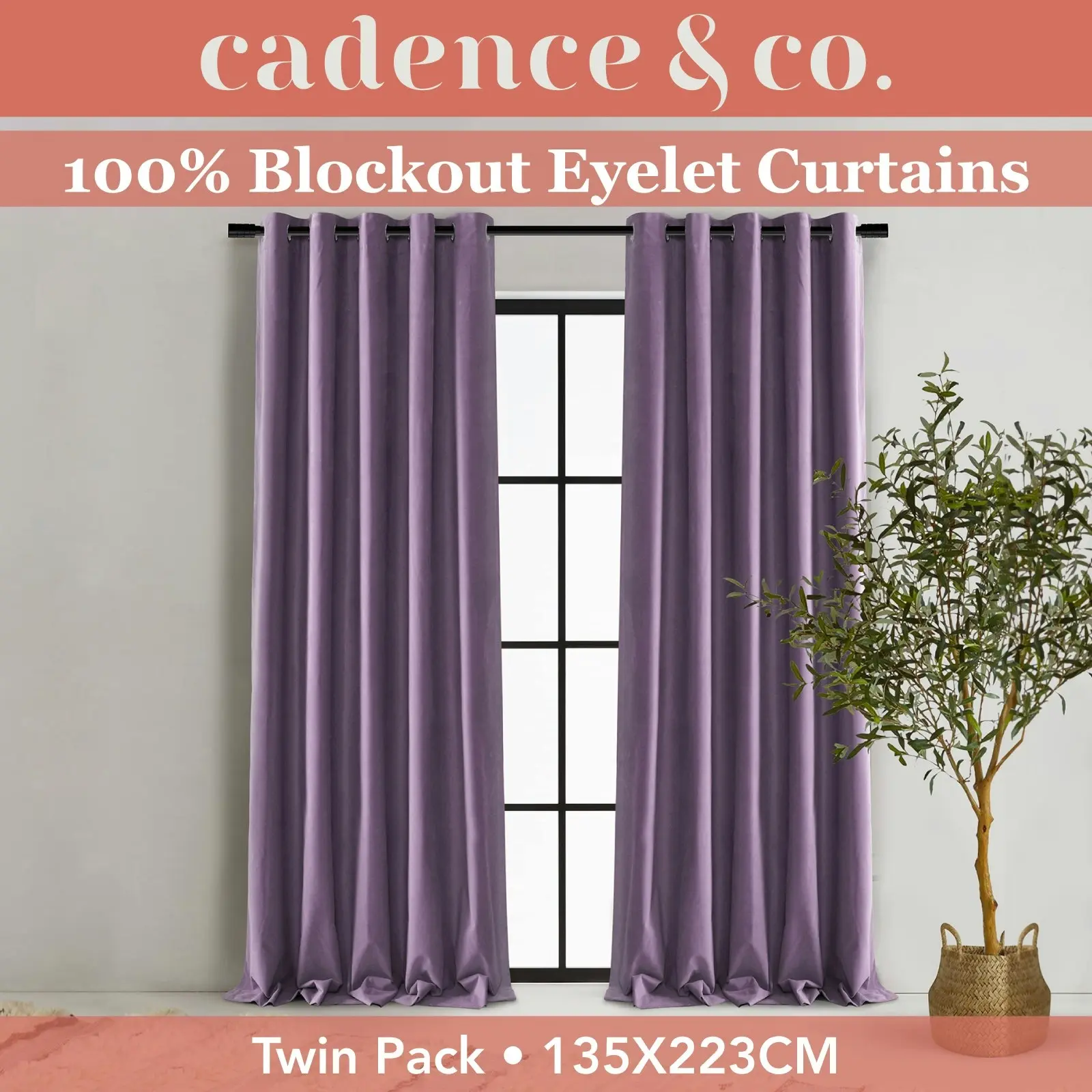 Cadence & Co. Byron Matte Velvet 100% Blockout Eyelet Curtains Twin Pack Lilac 135x223cm - Home & Garden