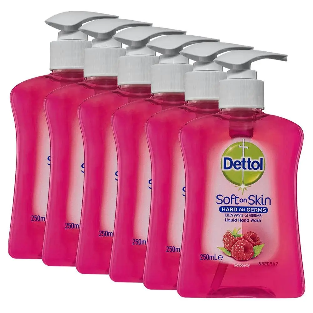 6x Dettol 250ml Liquid Soft on Skin Hand Wash Antibacterial Soap Raspberry Pump - Beauty