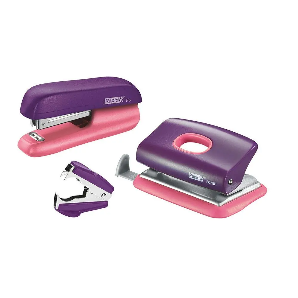 Rapid F5 Home/Office Mini Set w/Stapler/Staples/Staple Remover/Punch Hole Purple - Hardware