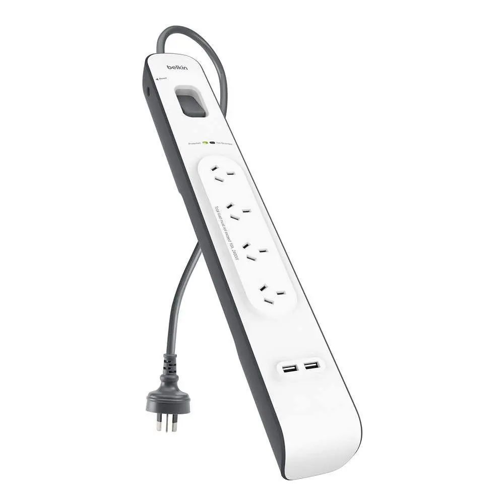 Belkin 4 Way Outlet Surge Protector 2M Power Board 2.4A w 2 USB Ports Charger - Electronics