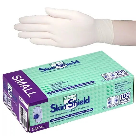 Universal Skin Shield Latex Powder Free Small Cream Gloves ASTM HACCP Grade 100 Box - Commercial