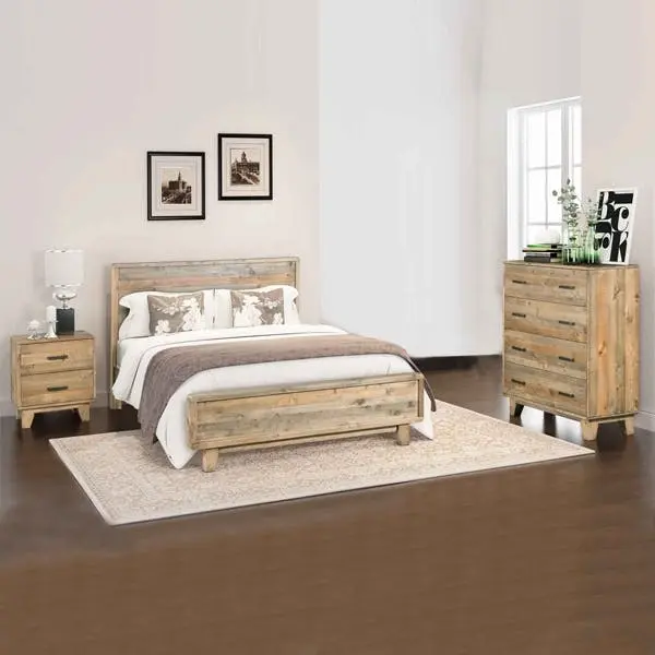4 Pieces Bedroom Suite Double Size in Solid Wood Antique Design Light Brown Bed, Bedside Table & Tallboy - Furniture