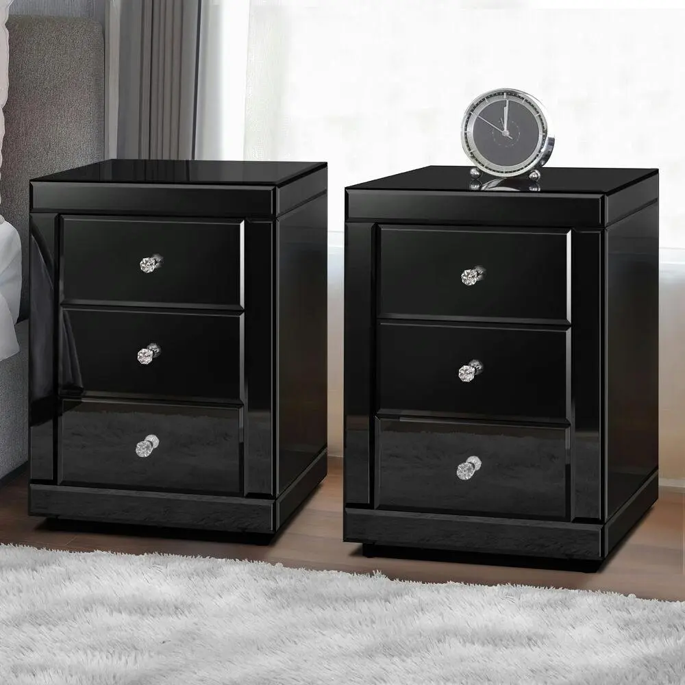 Alfordson 2x Bedside Table Mirrored Black - Furniture