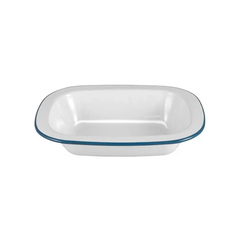 Urban Style Enamelware 24cm Pie Dish Rectangle Snack Container w/ Blue Rim White - Home & Garden