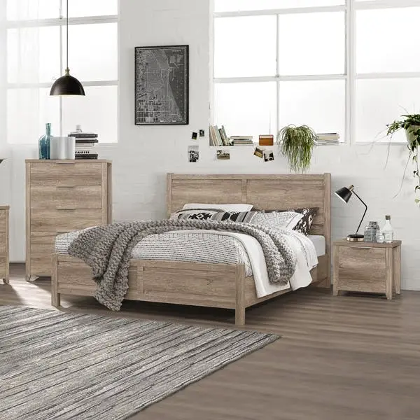 4 Pieces Bedroom Suite Natural Wood Like MDF Structure Double Size Oak Colour Bed, Bedside Table & Tallboy - Furniture