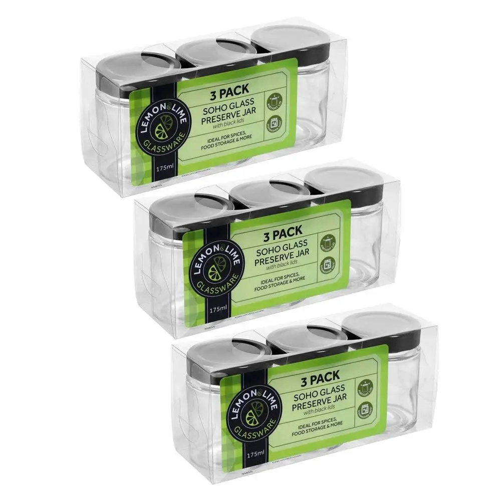 3x 3PK Lemon & Lime Soho Glass Preserve Jar 260ml w/ Black Lid Storage Container - Home & Garden