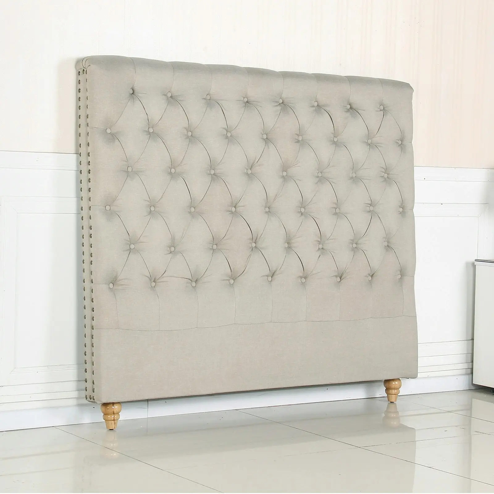 Bed Head Double Size French Provincial Headboard Upholsterd Fabric Beige - Furniture