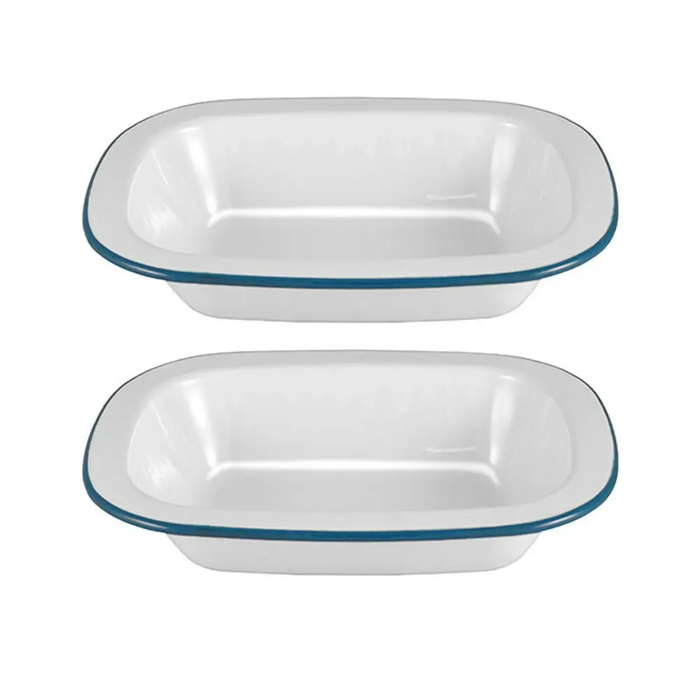 2x Urban Style Enamelware 20cm Pie Dish Rectangle Snack Container w/Blue Rim WHT - Home & Garden