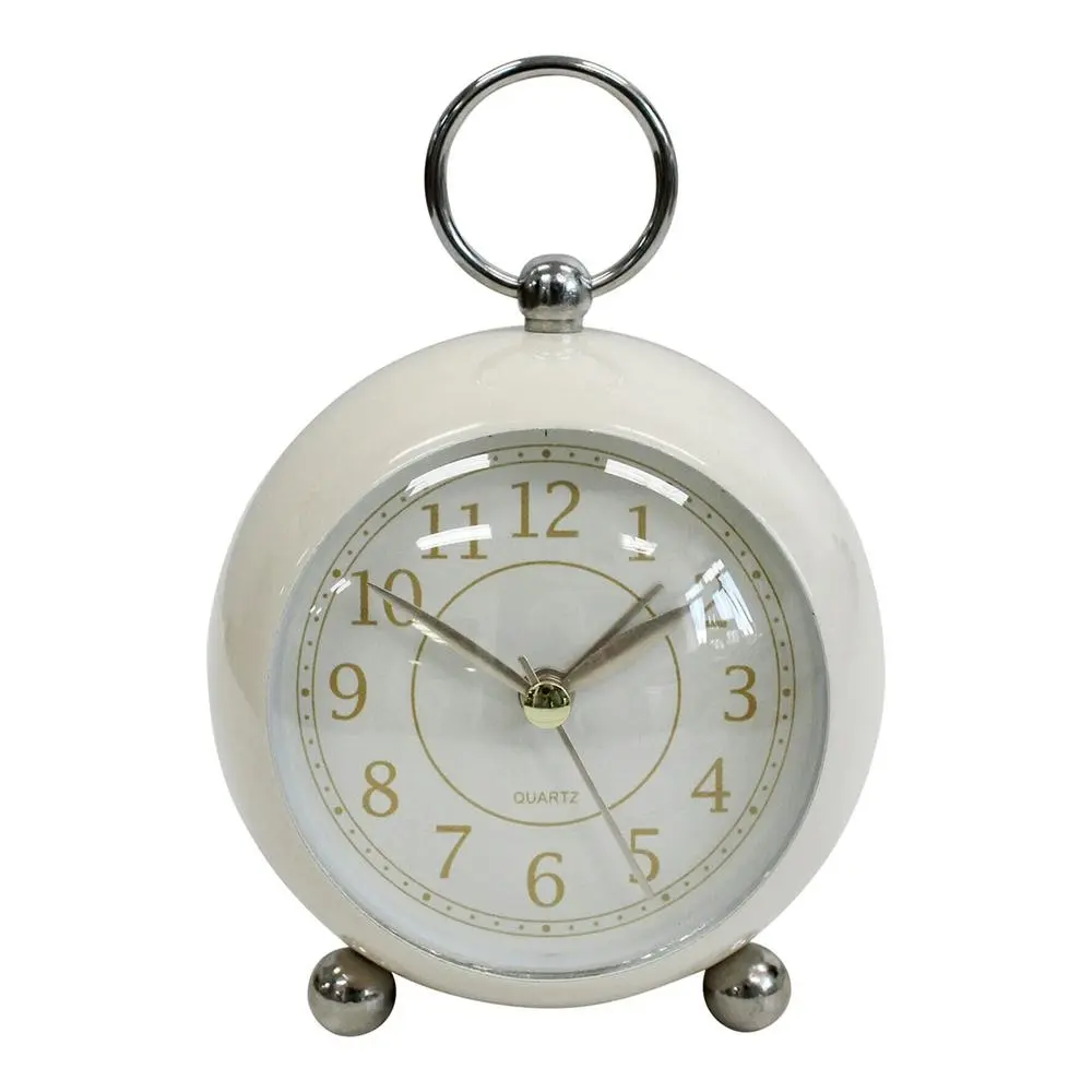 Round Metal Glass Petite 13cm Alarm Clock Bedside Analogue Home Desk Decor Ivory - Home & Garden