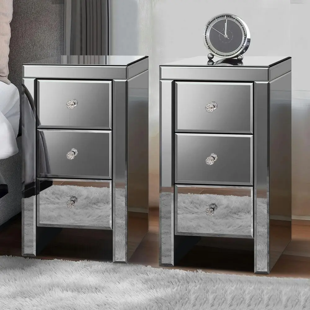 Alfordson 2x Mirrored Bedside Table Grey - Furniture