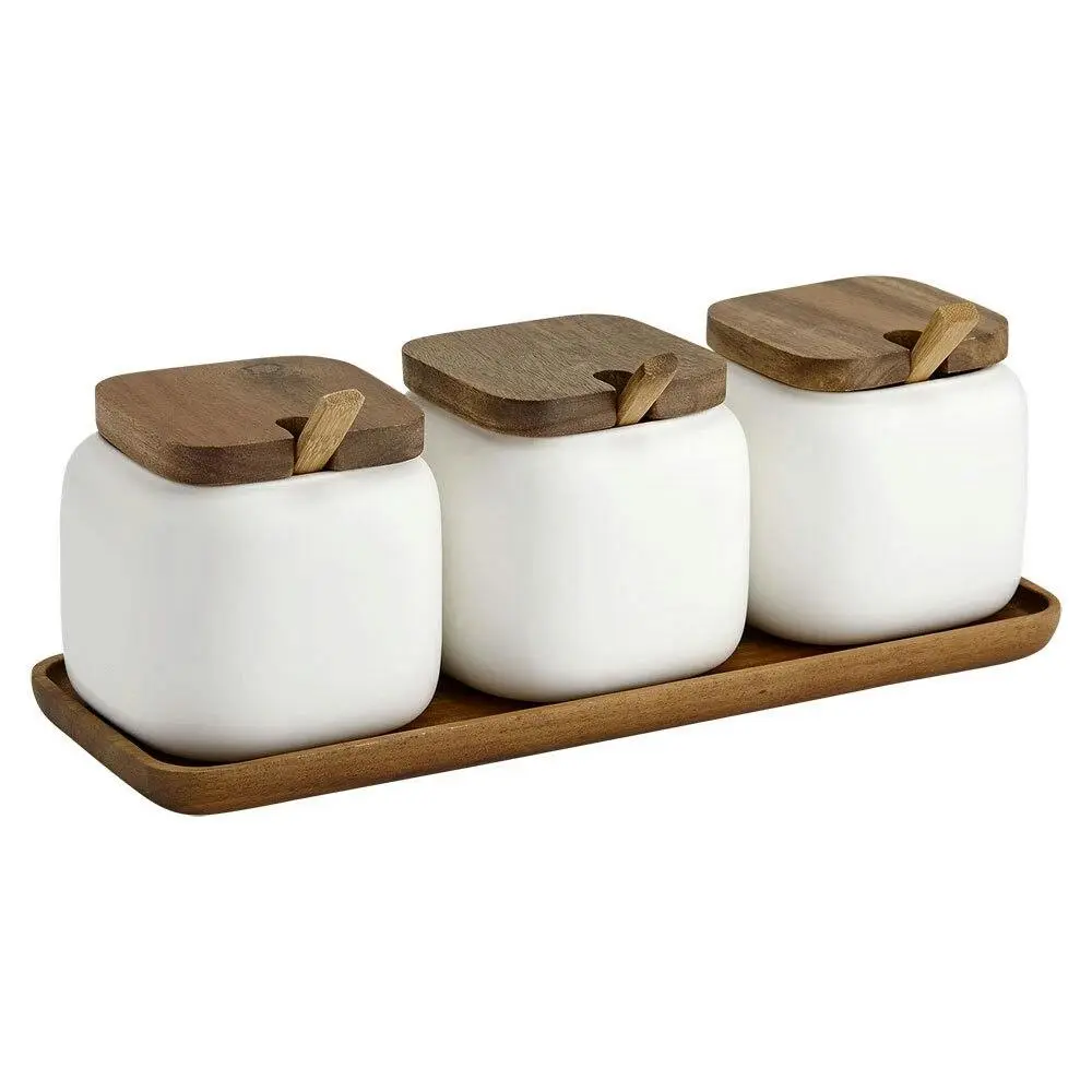 3x Ladelle Essentials Spices/Pepper Salt Container Canister/Spoon/Tray Set White - Home & Garden