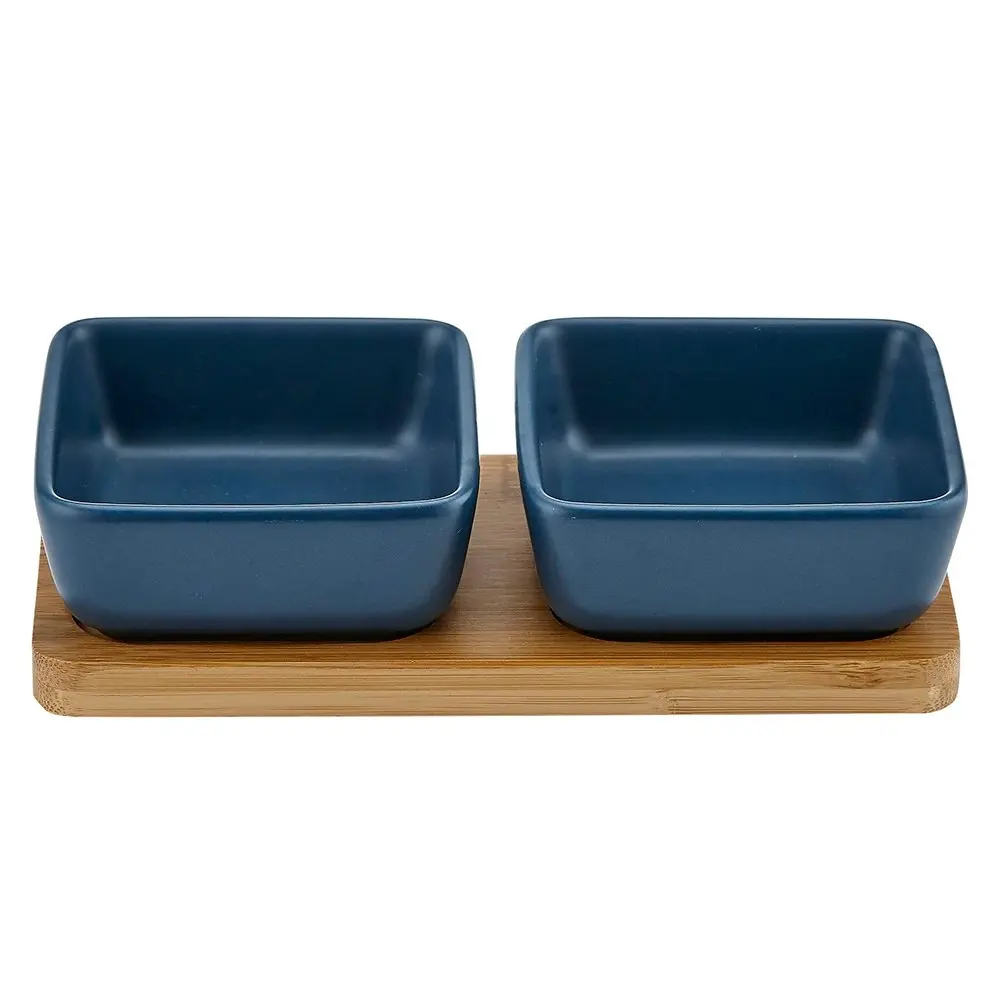 3pc Ladelle Entertainer Navy Dining 2 Porcelain Snack/Dip Bowl/ Bamboo Tray Set - Home & Garden