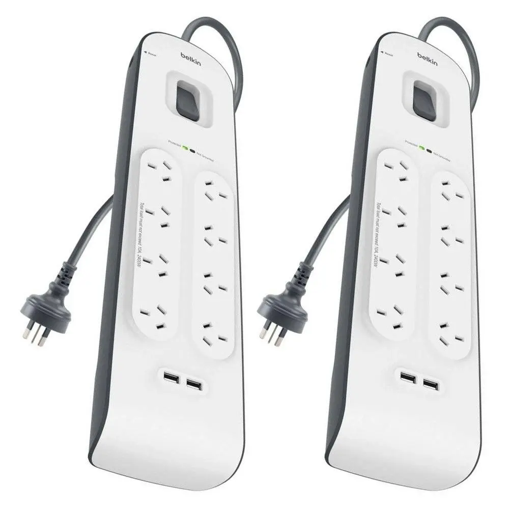 2x Belkin 8 Way Outlet Surge Protector 2M Power Board 2.4A w/ 2 USB Port Charger - Electronics