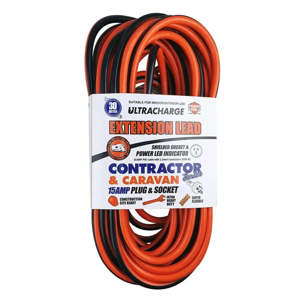 UltraCharge Contractor/Caravan Extension Lead 30m Cable Cord w/ 15A Plug/Socket - Hardware