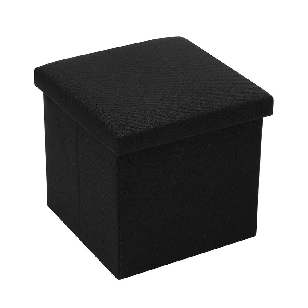 Boxsweden 38x36cm Ottoman Storage Cube Faux Linen Home Organiser/Stool Black - Furniture