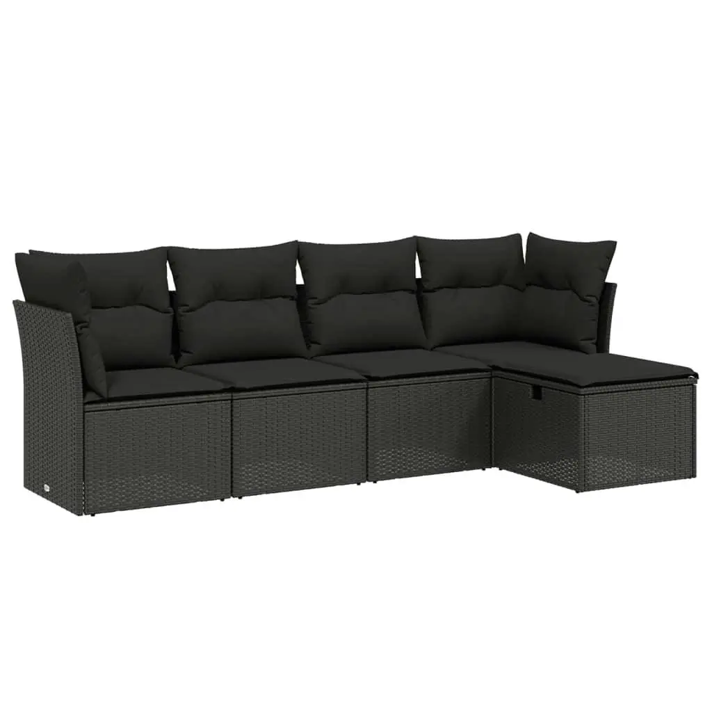 5 Piece Garden Sofa Set with Cushions Black Poly Rattan 3263131 - Furniture