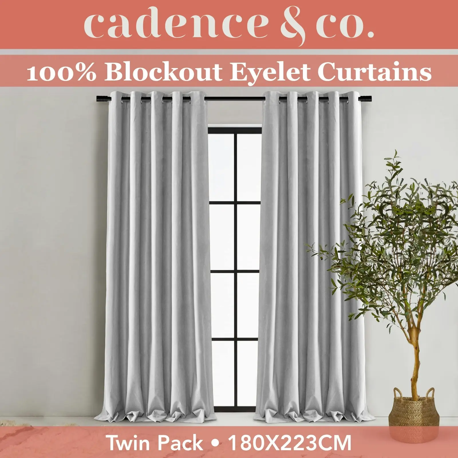 Cadence & Co Byron Matte Velvet 100% Blockout Eyelet Curtains Twin Pack Silver 180x223cm - Home & Garden
