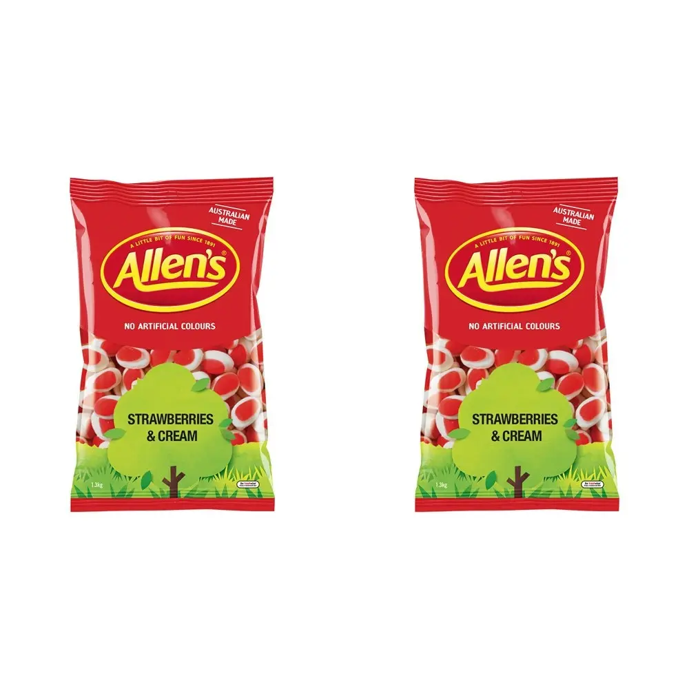 2x Allen's 1.3kg Creamy Strawberries & Cream Flavour Chew Lolly/Candy Sweets - Groceries