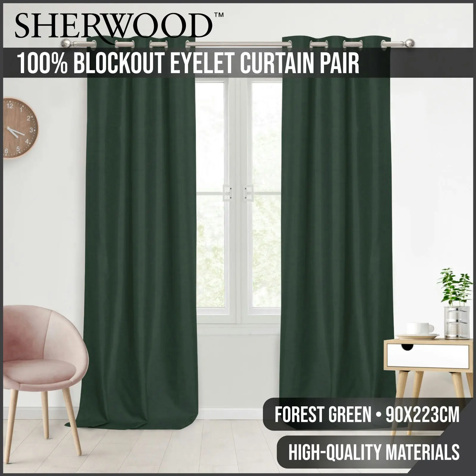 Sherwood Home 100% Blockout Eyelet Curtain Pair Forest Green 90x223cm - Home & Garden