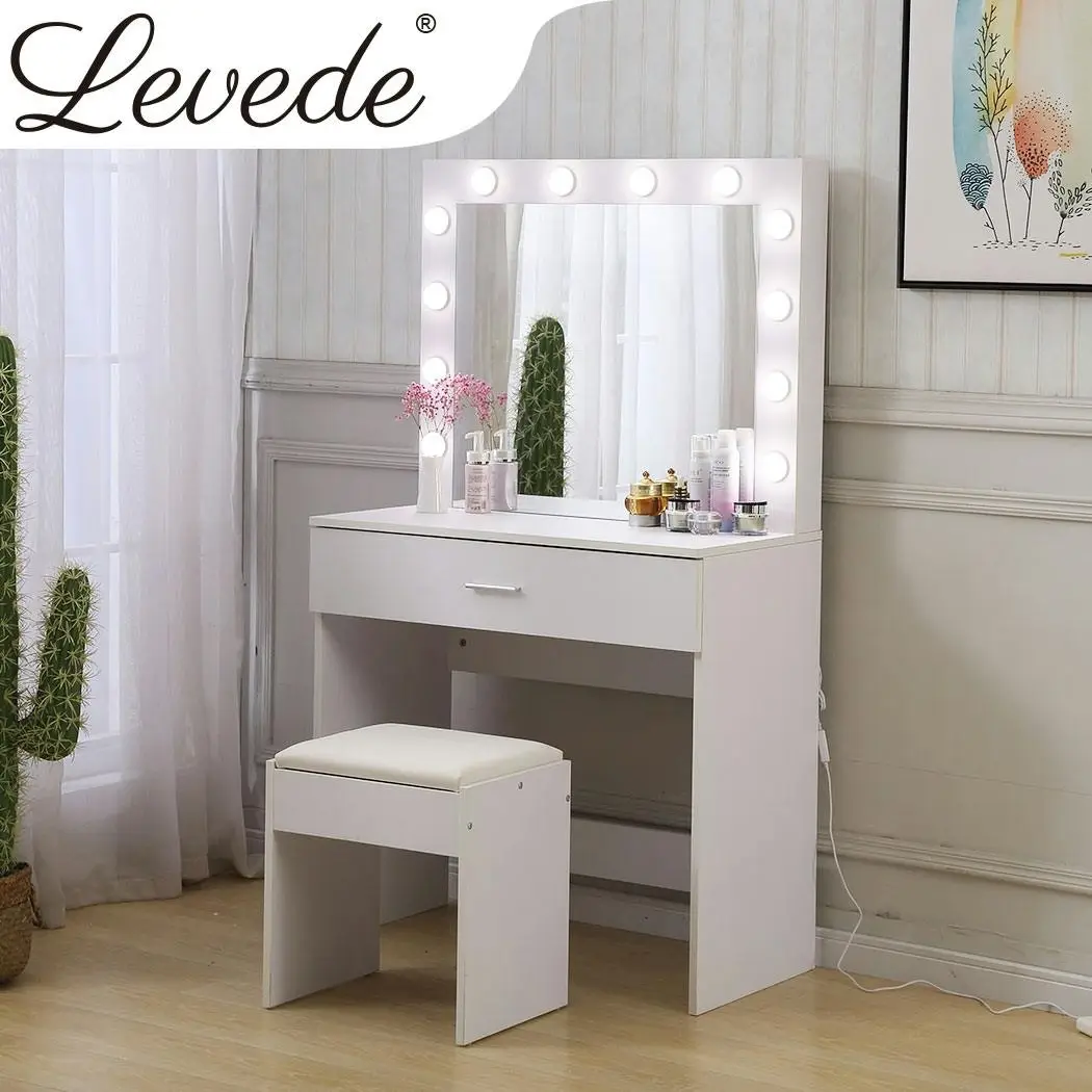 Levede Dressing Table Set Makeup Mirror Jewellery Organizer Cabinet 12 LED Bulb - Furniture