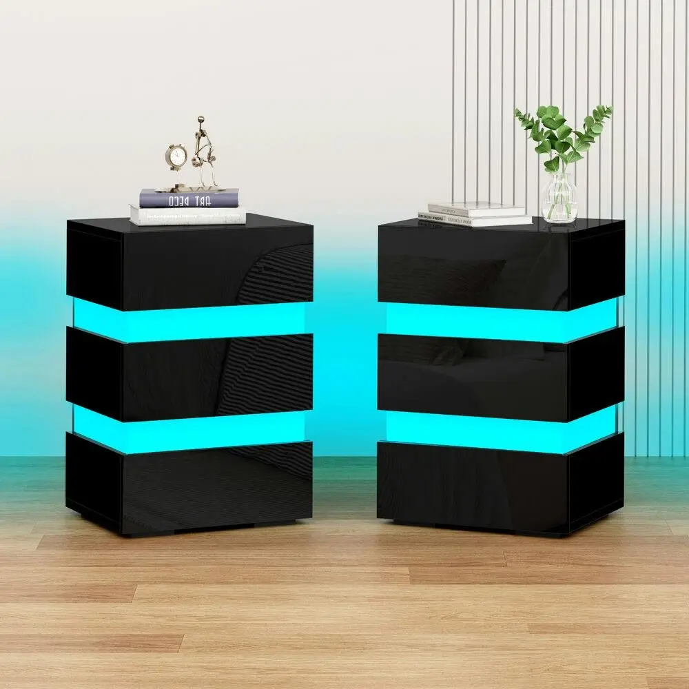 Alfordson 2x Bedside Table RGB LED Black - Furniture