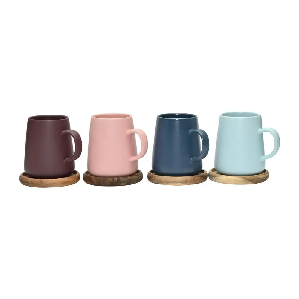 4pc Coffee Culture Matte Ceramic Tea/Coffee Mug Set With Wood Coasters Colourful - Home & Garden