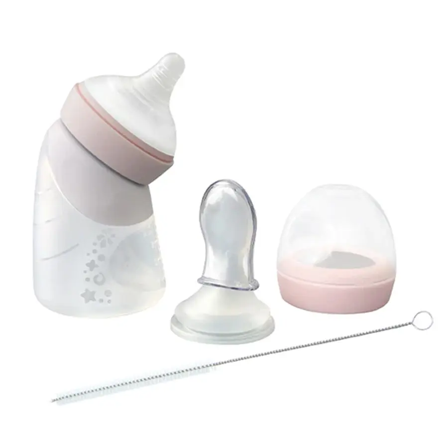 Marcus & Marcus Toddler/Children Silicone Angled Feeding Bottle & Spoon Pink 6M+ - Baby