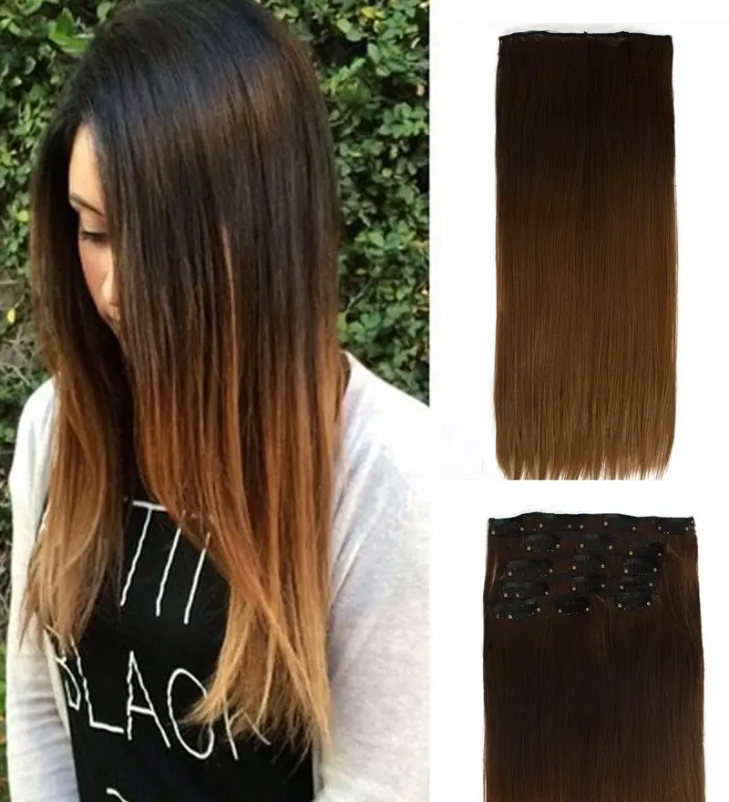 22" Two Tone Ombre Brown Synthetic Hair Straight 7Piece 16Clips 02 - Beauty