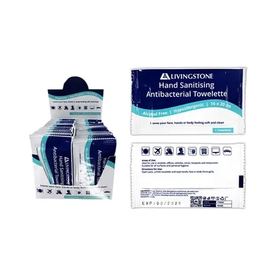 Livingstone Hand Sanitising Antibacterial Towelette Wipe, 16 x 20cm, 1 Sachet/Pack, 100 Sachets/Bag - Beauty