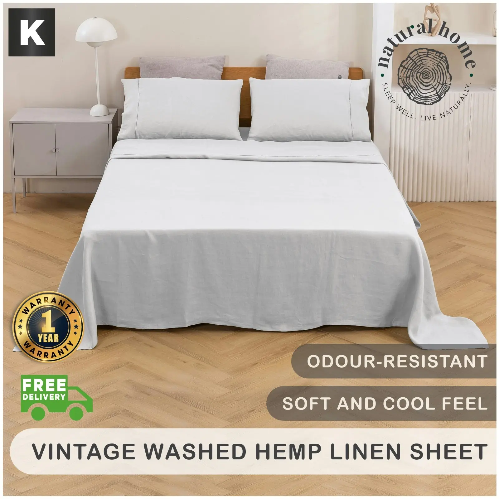 Natural Home Vintage Washed Hemp Linen Sheet Set Dove Grey King Bed - Home & Garden