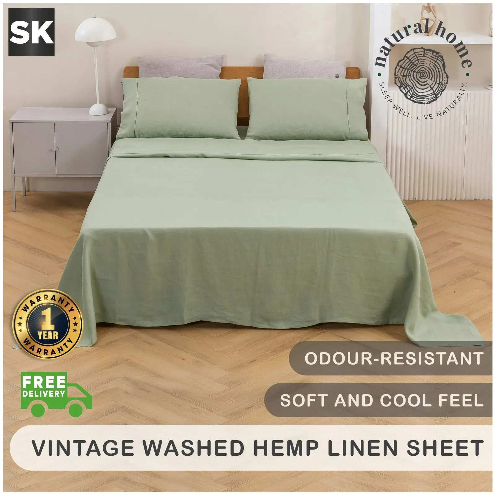 Natural Home Vintage Washed Hemp Linen Sheet Set Sage Super King Bed - Home & Garden