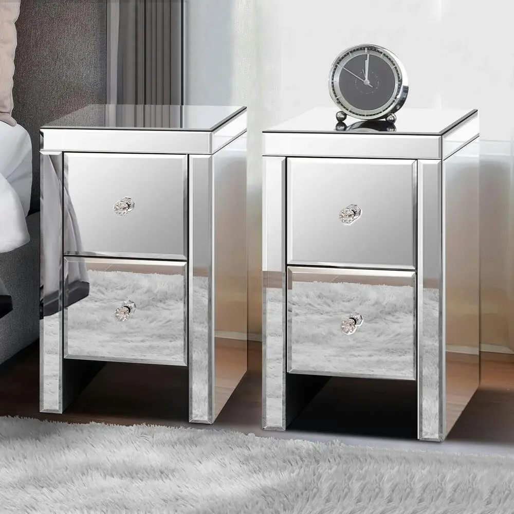 Alfordson 2x Bedside Table Mirrored Silver Gloss - Furniture
