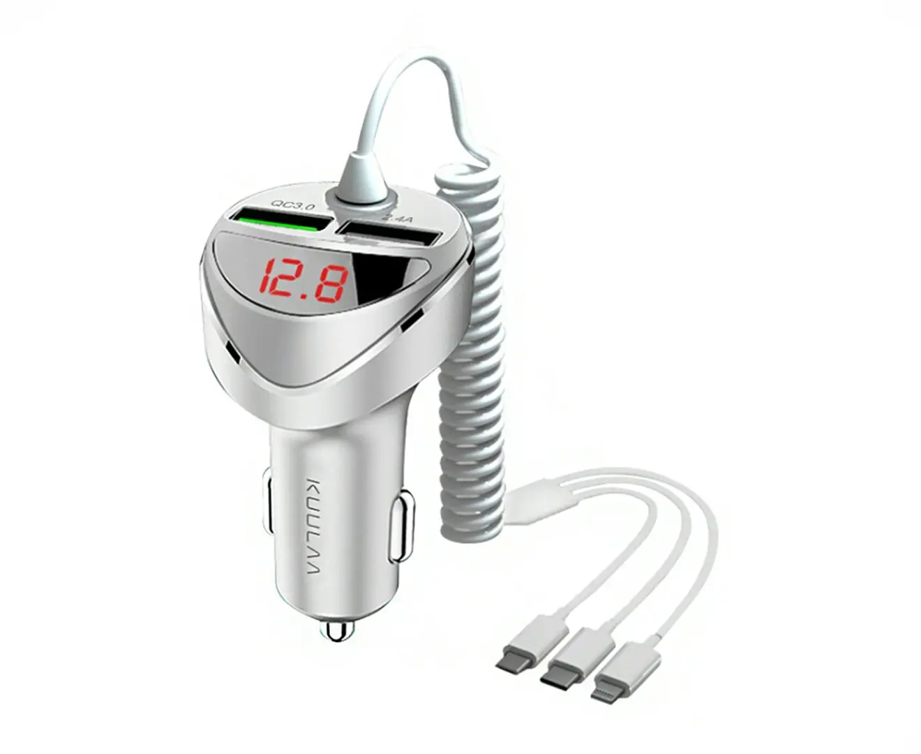 USB car 3.0 fast charging charger with 1.2m 3 in 1 retractable spring cable - Automotive