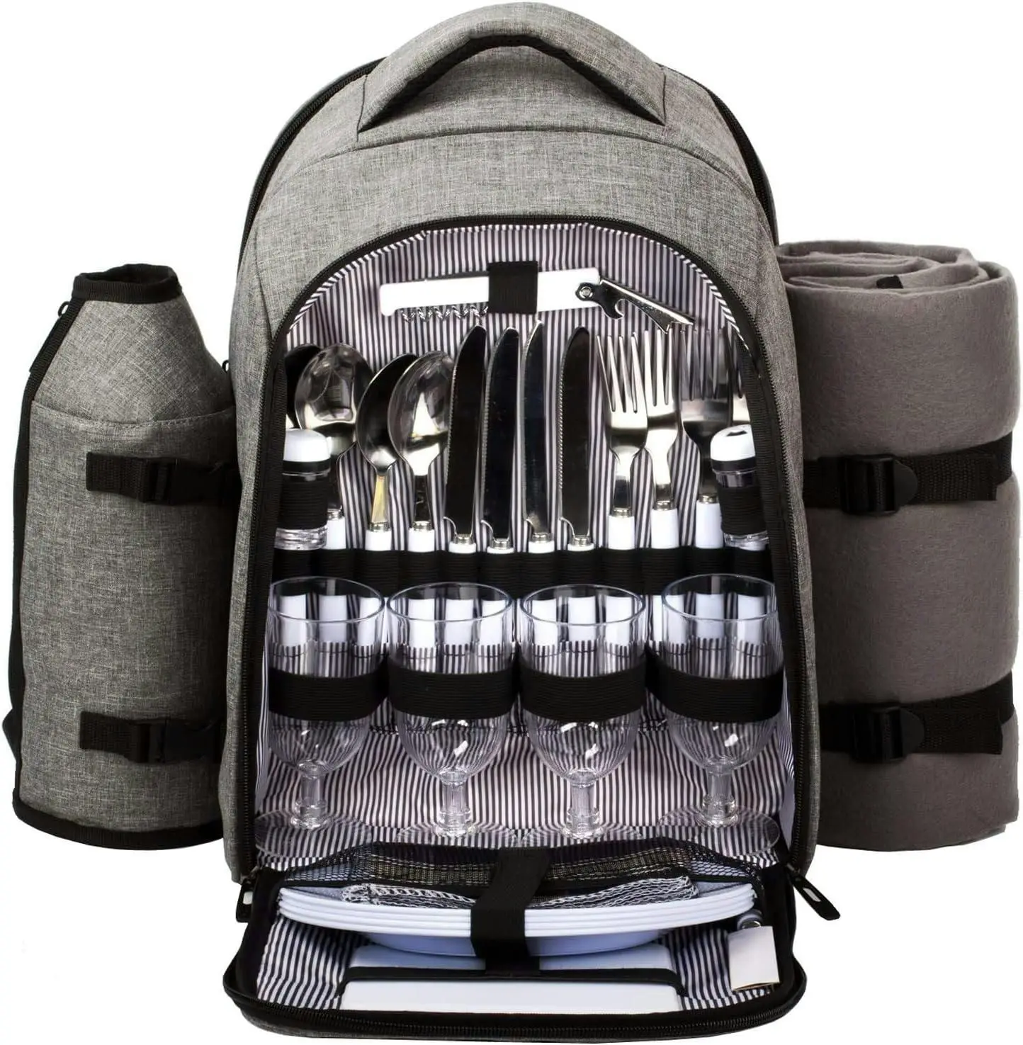 Picnic Backpack for 4 Person Waterproof Cooler Compartment Cutlery Set Detachable Bottle Holder Fleece Blanket Plates - Home & Garden