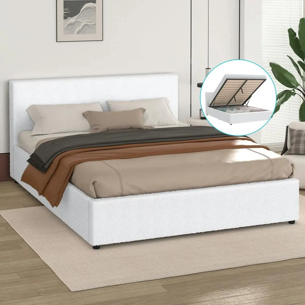 Alfordson Bed Frame Double Size Gas Lift Storage Base White Boucle TRICIA - Furniture
