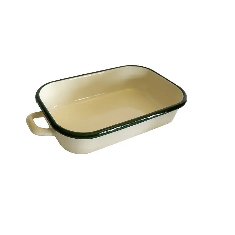 Urban Style Enamelware 26cm Baking/Serving Dish Rectangle w/ Green Rim Cream - Home & Garden
