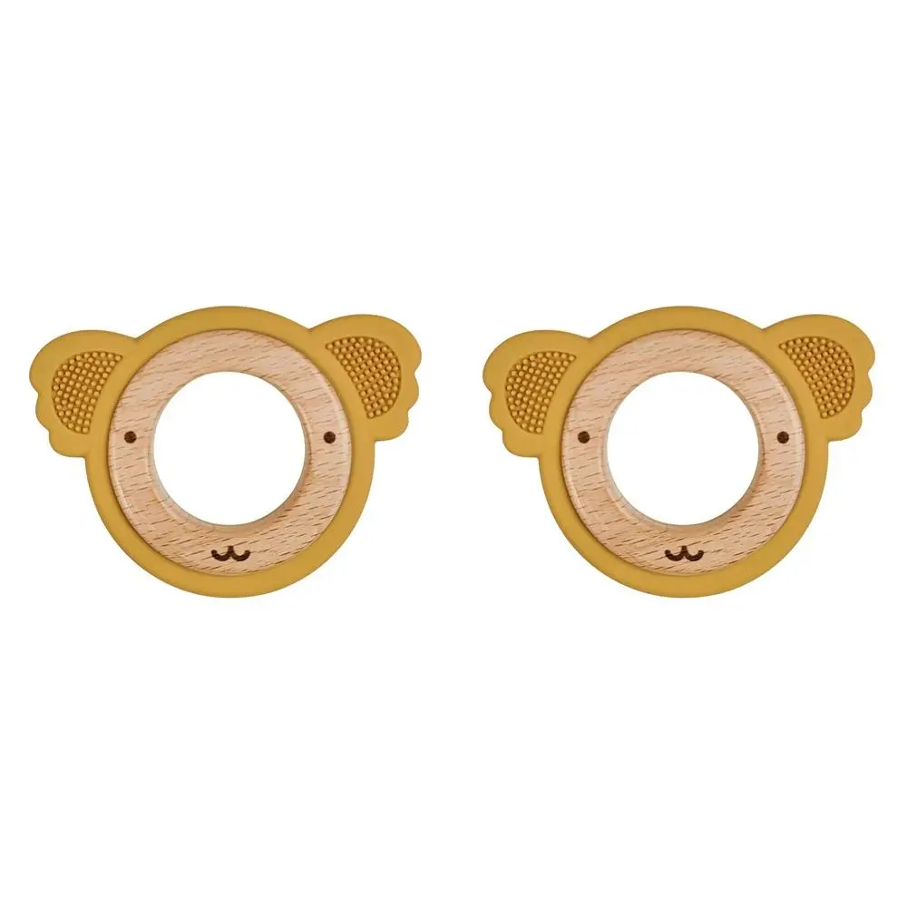 2x Urban Koala 8.5cm Silicone/Wood Teether Ring Baby Feeding Mustard/Natural