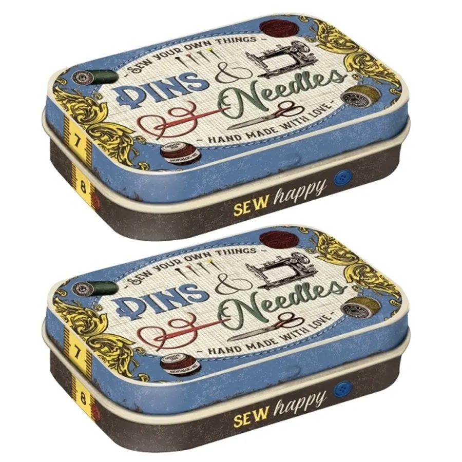 2x Nostalgic Art 6cm Metal Tin Mint Box Pins & Needles Fresh Breath Candy Mints - Groceries
