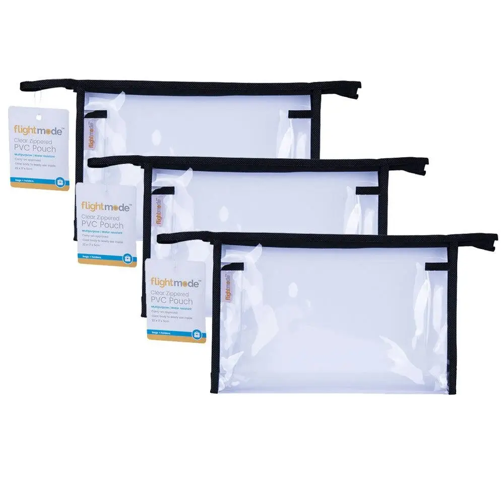 3x Flightmode Zippered Water Resistant PVC Carry On Approved Bag Pouch Clear - Beauty