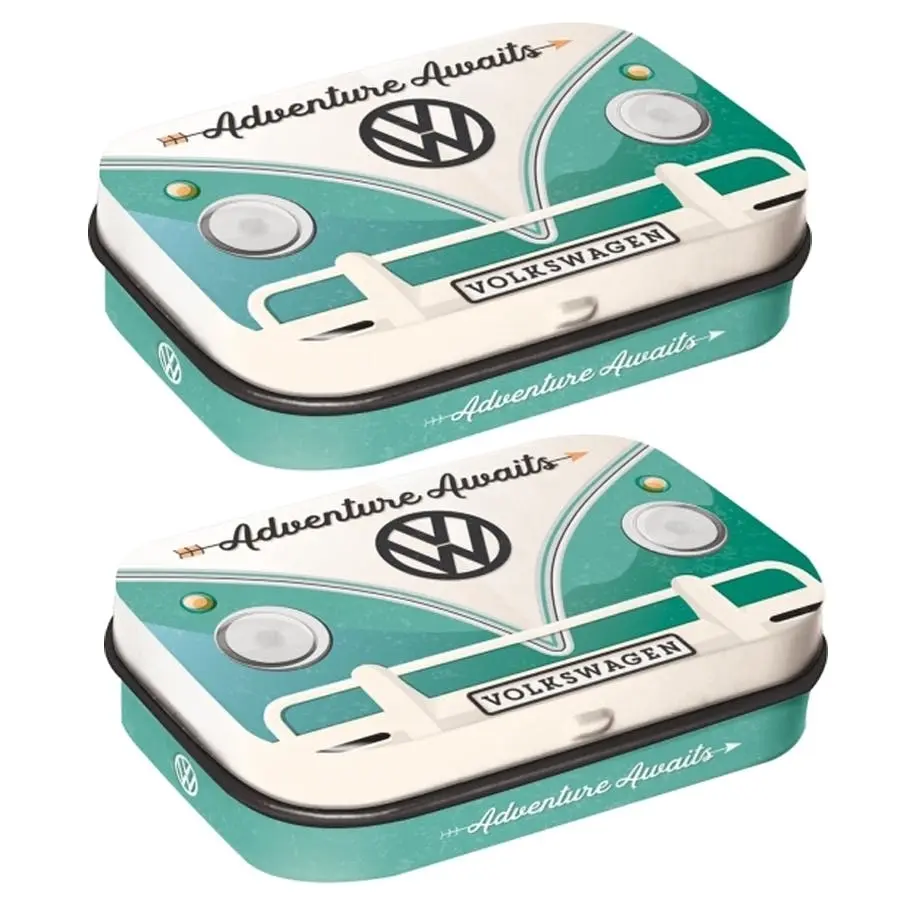 2x Nostalgic Art 6cm Mint Tin Box VW Bulli Adventure Awaits Fresh Breath Candy - Groceries