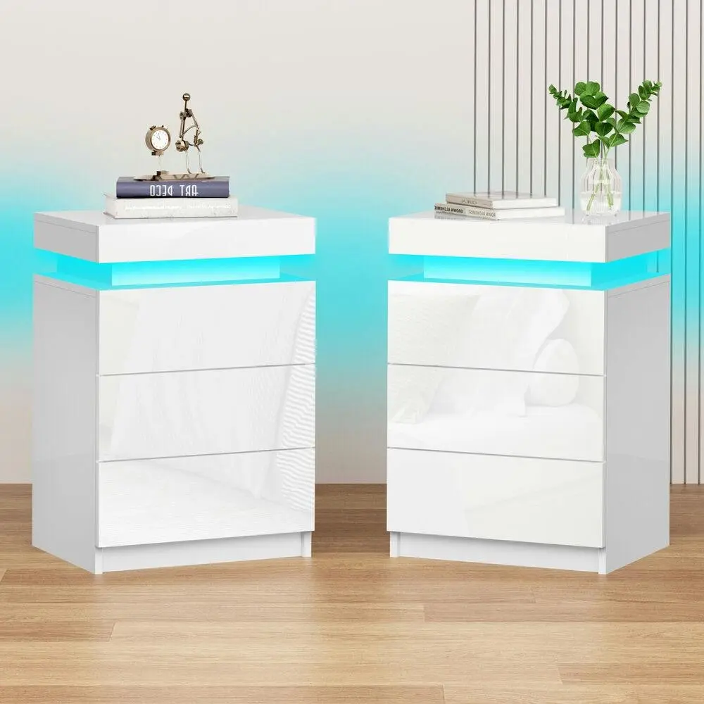 Alfordson 2x Bedside Table LED White Gloss - Furniture