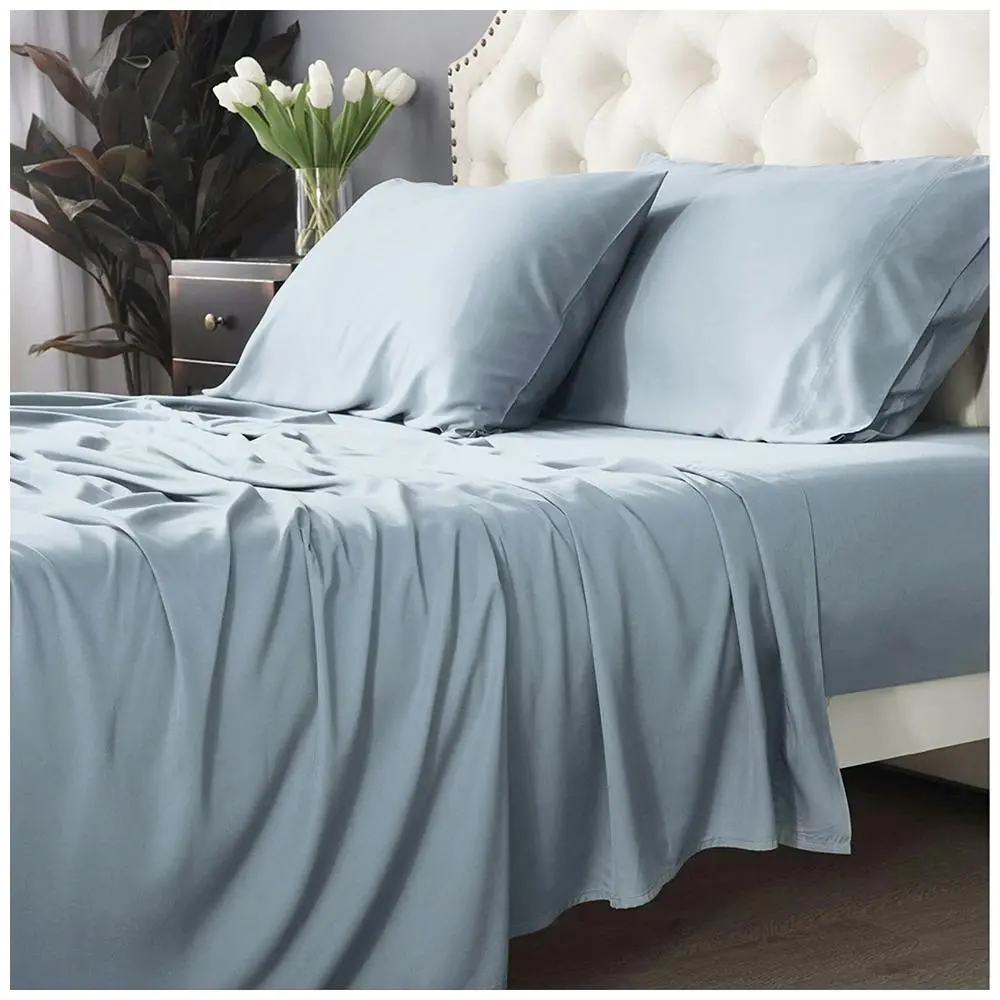 Park Avenue Long Single Fitted Sheet/Pillowcases Set 500TC Bamboo Cotton Mid BLU - Home & Garden