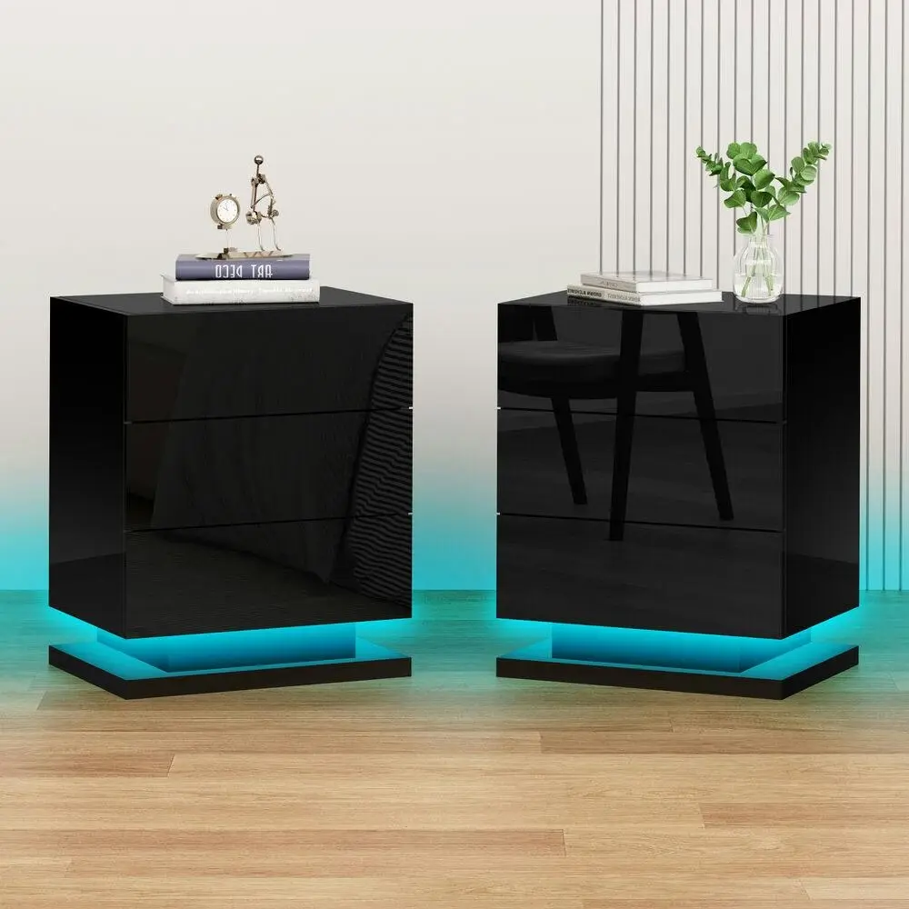 Alfordson 2x Bedside Table Gloss LED Black - Furniture