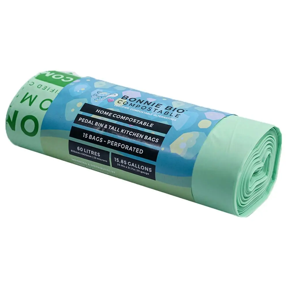 15PK Bonnie Bio Compostable 60L Pedal Bin & Tall Kitchen/Garbage/Bin Bags Green - Home & Garden